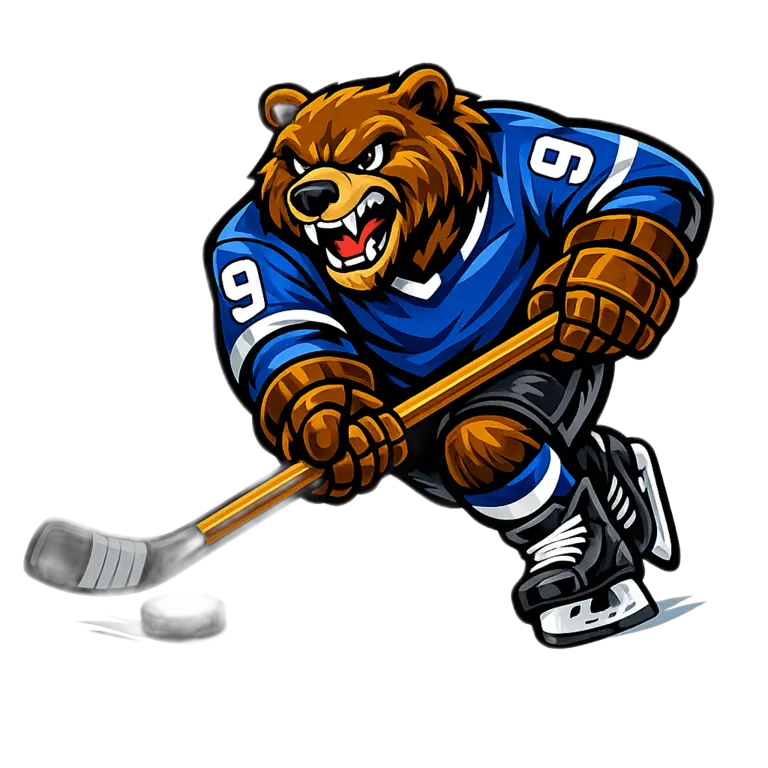 Bear hockey mascot in a blue jersey gripping a hockey stick.