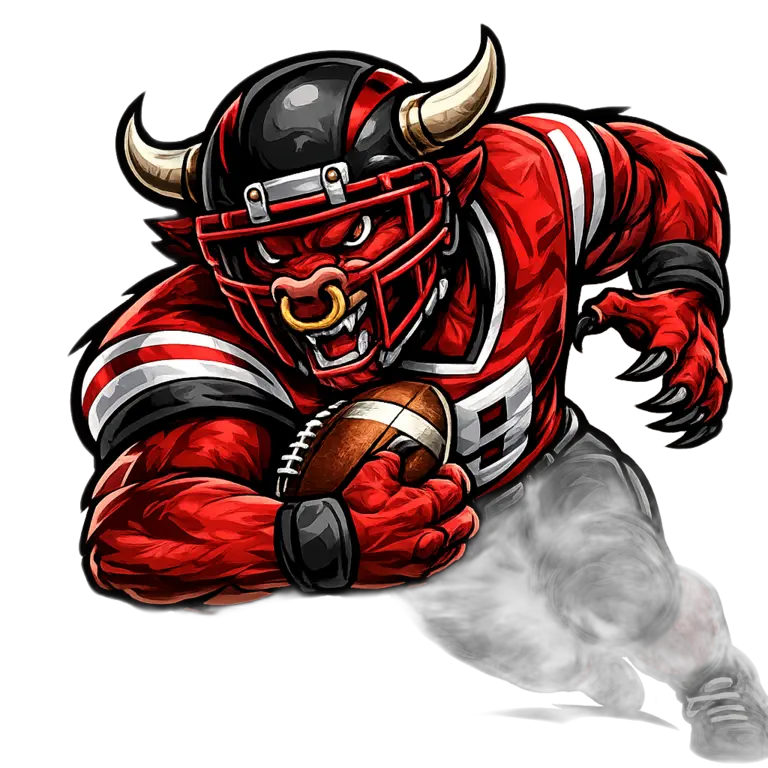 Bull football mascot in a red jersey lowering for a charge.